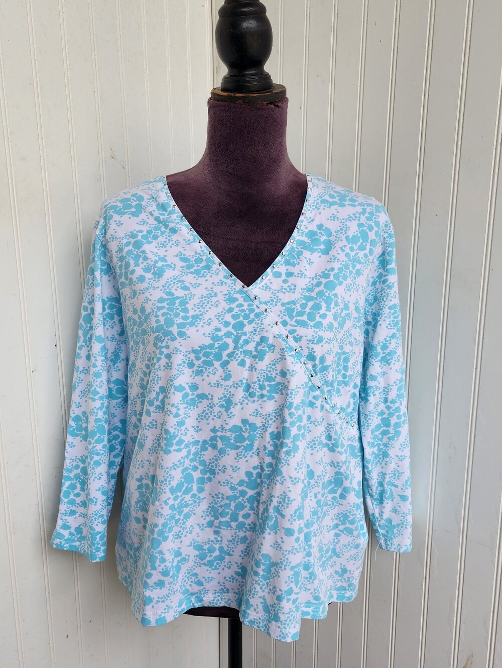 HEARTS OF PALM Women's Pullover 3/4 Sleeve Blue White Floral T-Shirt XL